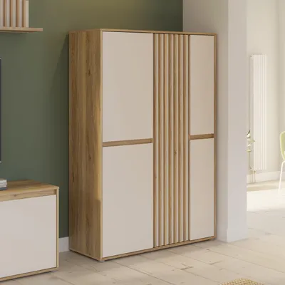 Image de Armoire Forte ELISTON 100 110, armoire moderne à lamelles, 5 portes, chambre à coucher, finition chêne Mauvella | Beige Cachemire, 109,3 cm de largeur x 161,7 cm de hauteur x 41,5 cm de profondeur