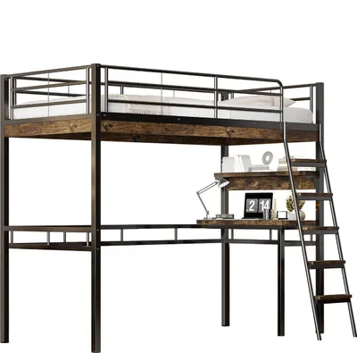 Produktbild von Hochbett,kinderbett mit Schreibtisch, Regale, Geländer, Leiter, Eisenrahmen