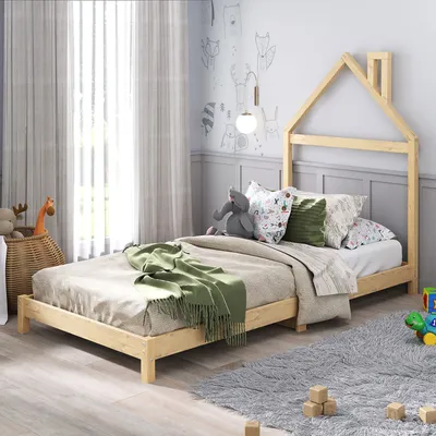 Produktbild von Kinderbett LIZ 90x200 cm in Hausoptik aus Massivholz natur - Bodenbett für einfaches Ein- und Aussteigen, Montessori Kinderzimmer