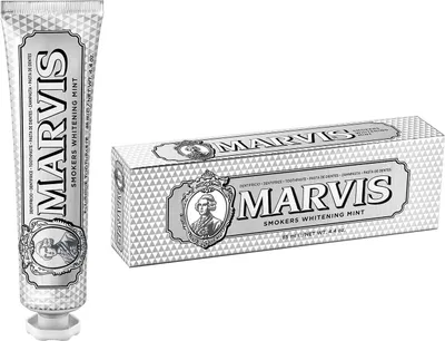 A tube of Marvis Smokers Whitening Mint Toothpaste and its packaging are displayed against a white background.