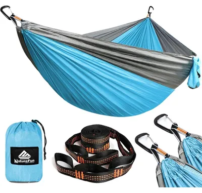 Obrázek produktu pro Lehké cestovní hamak pro kempování, nosnost 300 kg, rozměry 300 x 200 cm, prodyšný, rychle schnoucí nylon, barva azurová/šedá