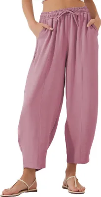 Produktbild von ASKSA Damen 7/8 Laenge Hose Freizeithose Hohe Taille Sommerhose Lose Knoechellange Hosen Casual Strandhose mit Taschen (Rose Rosa,L)
