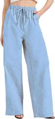 Immagine prodotto di Pantaloni da donna estivi lunghi gambe larghe cotone lino azzurro M