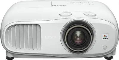 A front view of a white Epson projector.