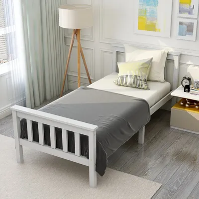 Produktbild von Weiß 90x200cm Holzbett (Ohne Matratze) Einzelbett aus Bettgestell mit Lattenrost Holzbett mit Kopfteil Massivholz Kinderbett Jugendbett Kiefer massiv