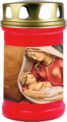 Zdjęcie produktu dla Świeca grobowa czerwona, czas palenia: 48 godzin, motyw: Maryja z Dzieciątkiem