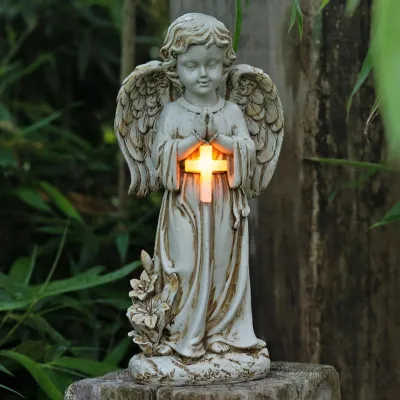 Produktbild von Solarbetriebene Gartenengelfigur – LED-Schutzengelfigur, wetterfeste betende Grabfigur, Grabbeleuchtung für die Außendekoration, Skulptur für Rasen, Garten, Terrasse, Fensterbank, 31 cm