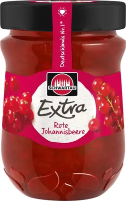 A jar of Schwartau Extra Red Currant jam against a white background.