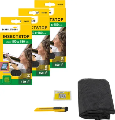 Produktbild von Schellenberg 3er Pack 50329 Fliegengitter für Dachfenster mit Reißverschluss, Insektenschutz UV-stabil, einfache Montage, anthrazit, 150 x 180 cm