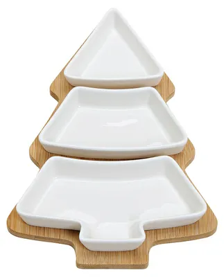 Productafbeelding van Voorgerechtset dennenboom 3 schaaltjes van porselein en bamboe, wit, set van 4 (B/H/D) 27x4x19 cm