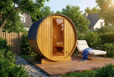 Produktbild von FinnTherm Fasssauna Mini XXS Fasssauna 2 Sitzbänke aus Holz , Sauna mit 42 mm Wandstärke, Außensauna mit Montagematerial