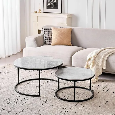 Productafbeelding van Ronde salontafels, set van 2, modern design met keramische plaat (geen MDF-plaat), ideaal voor woonkamer, slaapkamer, balkon en kantoor (grijs+zwart), 50+70 cm