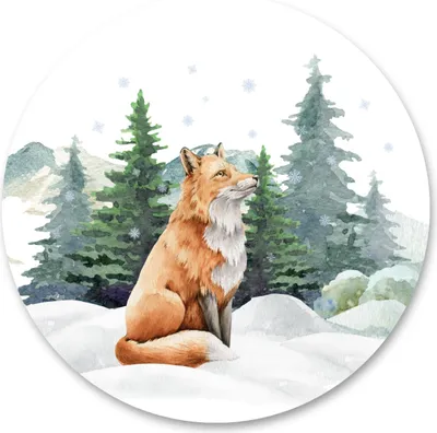 Produktbild von Sticker rund FUCHS Tier Winter Bäume Wald Natur Aquarell Schnee Wanddeko Aufkleber für Kinderzimmer 100 cm x 100 cm