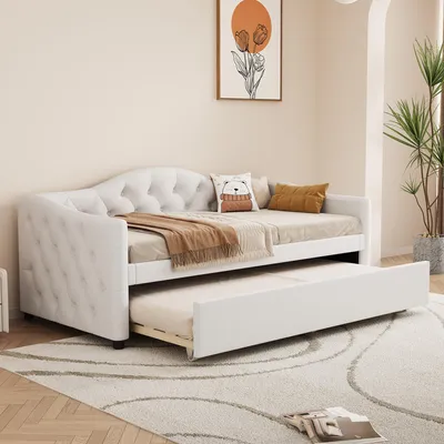 Zdjęcie produktu dla Łóżko dzienne, 90 x 200 cm, wysuwane, tkanina, beżowe, minimalistyczne, bez materaca