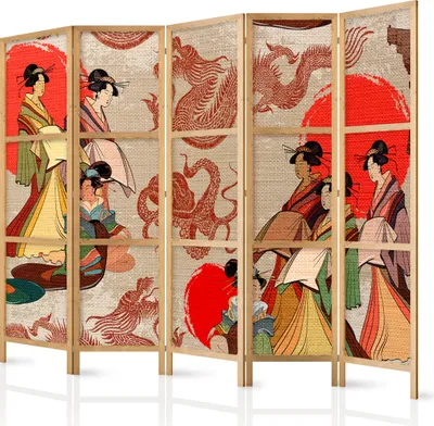 Image de Paravent XXL Geisha & Dragon 225 x 171 cm - 5 panneaux - simple face - élégant brise-vue - séparateur de pièce - cloison - séparateur d'espace - bois - motif design - décoration - Japon p-B-0027-z-c