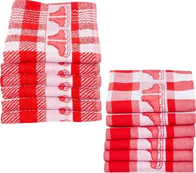 Productafbeelding van Unyqoos® Keukenhanddoekenset, 12-delig – 6 theedoeken 60x65 cm + 6 keukenhanddoeken 50x55 cm, 100% katoen, rood (met schaatsmotief)