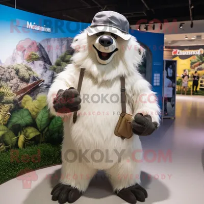 Produktbild von Cremefarbenes REDBROKOLY Faultier-Bär Maskottchen Kostüm gekleidet mit einem grafischen T-Shirt und Baskenmützen