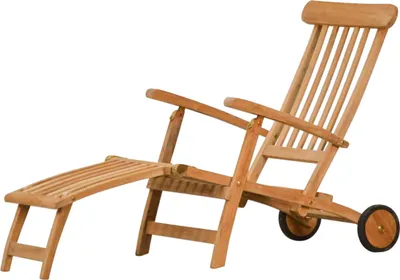 A wooden deckchair with a footrest and wheels, shown against a white background.