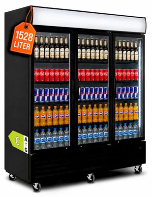 Produktbild von GastroHero Getränkekühlschrank ECO 1500 mit Klapptüren, LED-Leuchtaufsatz & Innenbeleuchtung, schwarz