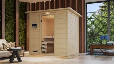 Produktbild von Karibu Sauna Innensauna Mojave Fronteinstieg Ofen 9 KW externe Strg easy 224x210x206 cm mit Dachkranz  mit Klarglastür