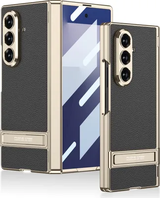 Produktbild von Hülle für Samsung Galaxy Z Fold 8 Ultra Magnetische Scharnierschutz Hartes Lederstruktur Galvanisieren Schutzhülle mit Displayschutz und Ständer Schwarz