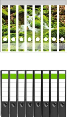 Produktbild von Wallario 8 Stück schmale Ordner inkl. Klebeetiketten mit Motive Moosiger Bach -  Set mit Rückenschildern / Ordnerrücken Stickern