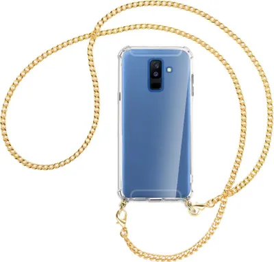 Produktbild von Handykette Backcover-Schutzhülle mit Band (Metall goldfarben) für Samsung Galaxy A6 Plus 2018 / J8 - goldfarbene Kette