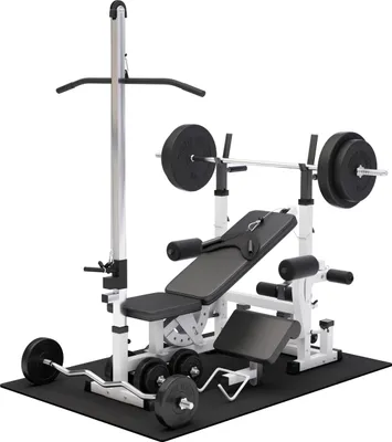 Produktbild von GORILLA SPORTS® Kraftstation - Hantelbank mit verstellbare Hantelablage, Latzugturm, Butterfly, Curlpult, Beincurler und 100 kg Hantelset - Trainingsbank, Fitnessstation, Trainingsstation