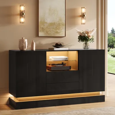 Immagine prodotto di Mobile bar MODFU con vetrina a LED, mobiletto laterale, mobiletto per il soggiorno con finitura lucida, cassettiera con 2 cassetti e 2 ante, colore nero