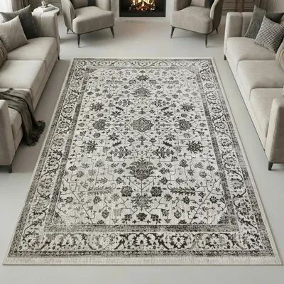 Zdjęcie produktu dla Orientalny dywan z dekoracjami roślinnymi i ornamentami w kolorze kremowym - 120 x 170 cm