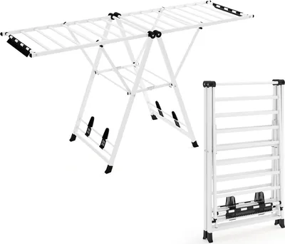 Obrázek produktu pro COSTWAY Skládací oděvní kůň s nastavitelnými křídly, klipy na ponožky a stojanem na boty, rozkládací sušák na prádlo, sušák na prádlo, bílý, 184 cm