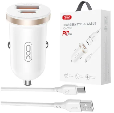 Image de Chargeur de voiture Xo, modèle CC56, puissance 30W, avec 1 port USB et 1 port USB-C, couleur blanche, incluant un câble USB vers USB-C