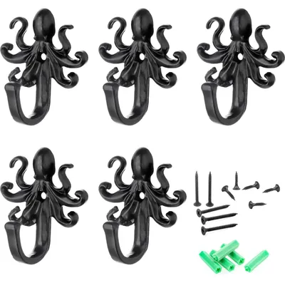 5 Wandhaken Octopus-Design, rustikale Metallhaken, 57 mm, schwarz