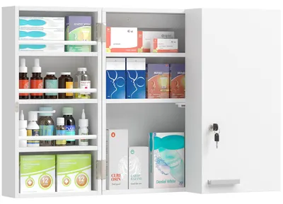 Productafbeelding van Afsluitbare wandmedicijnkast met 2 deuren, 11 vakken, 2 sleutels, 53 x 20 x 53 cm, wit