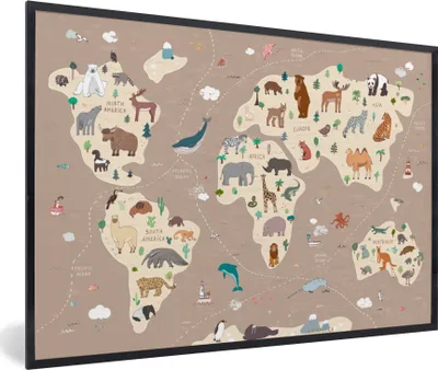 Produktbild von MuchoWow® Gerahmtes Poster Weltkarte Kinder - Tiere - Braun - Jungen - Mädchen 90x60 cm - Poster mit Schwarzem Bilderrahmen Wandposter Rahmen Foto Bilder - Fotorahmen - Foto-Plakat