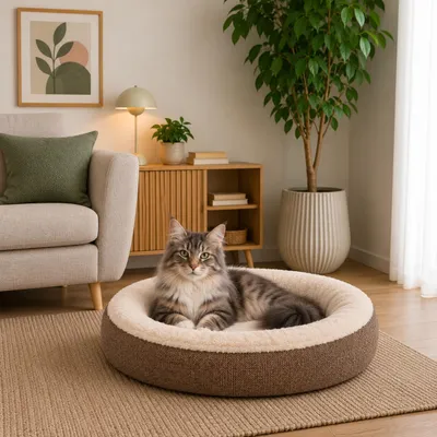 Produktbild von belviona Katzenbett rund, Katzenkorb in Doughnut-Form, abnehmbarer Bezug, waschbar & rutschfest, 65 cm Durchmesser, braun