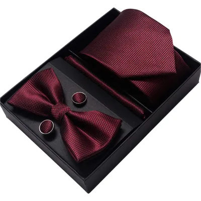 Produktbild von 4 in 1 Set Herren Fliege Krawatte Einstecktuch mit Manschettenknöpfe für Hochzeit Party, Rot
