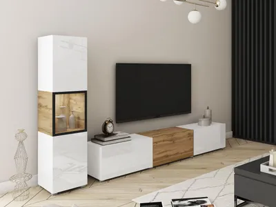 Obrázok produktu pre Obývacia stena HEXIO - biela / biela lesklá / dub wotan + LED osvetlenie