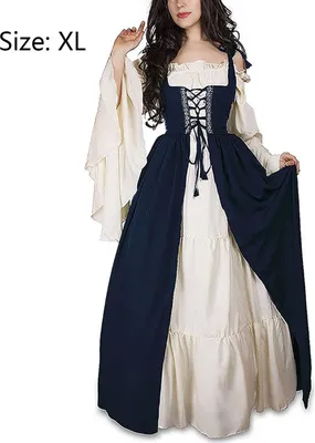 Produktbild von Damen Mittelalterliche Kleid mit Trompetenärmel Mittelalter Party Kostüm Maxikleid, blau, XL