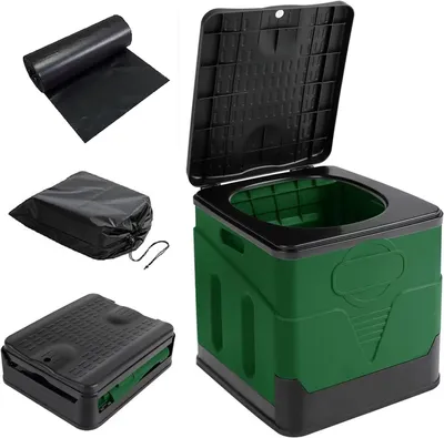Imagen del producto de WC plegable - WC móvil de camping - Situaciones de emergencia exteriores - Fuerte capacidad de carga - 330 libras - Verde