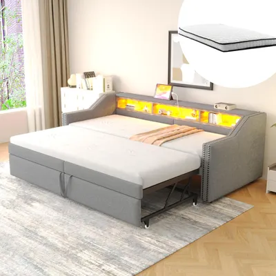 Obrázek produktu pro okwish výsuvná rozkládací postel 90/180×200, daybed s úložným prostorem, LED osvětlením a USB portem, denní postel / dětská postel / postel pro mládež s lamelovým roštem, světle šedá (se dvěma matracemi)