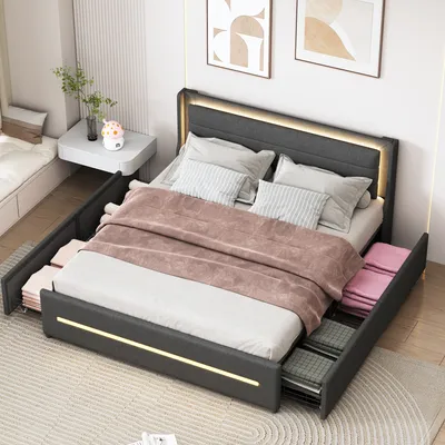 Produktbild von okwish Polsterbett Jugendbett 160×200cm mit LED-Beleuchtung, Funktionelles Stauraumbett Doppelbett mit 4 Schubladen&Lattenrost, Samtstoff(Ohne Matratze)- Grau