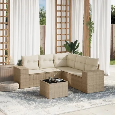 Produktbild von Design 6-tlg. Garten-Sofagarnitur mit Kissen Beige Poly Rattan, Gartenmöbel-Sets 2024 Neu