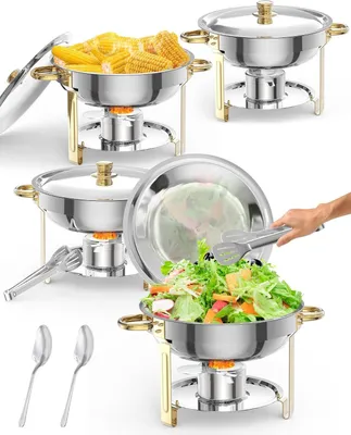 Produktbild von 4er Set Speisenwärmer, 5L runde Edelstahl-Chafing-Dishes und Warmhaltebehälter, mit Deckel,Deckelhalter,Löffel,Pinzette für Catering,Partys,Abendessen