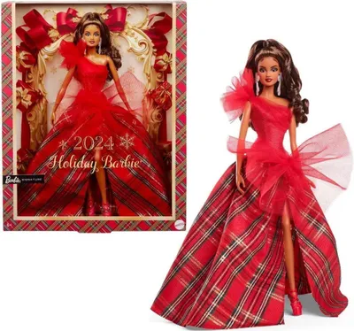 A Barbie doll in a red dress, shown both in its packaging and outside of it.