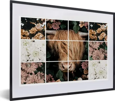 Produktbild von MuchoWow® MuchoWow® Gerahmtes Poster Collage - Schottisches Hochlandrind - Blumen 40x30 cm - Poster mit zchwarzem Bilderrahmen - Bilderrahmen - Poster im Rahmen