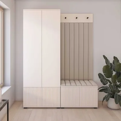 Produktbild von Garderoben-Set Ritmo version 1 – gefräste Kleiderschrank mit Polsterplatten, Schuhschrank, für Flur und Eingangsbereich (cashmere, Trinity 02)