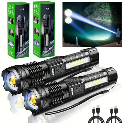 Produktbild von USB-LED-Taschenlampe, 2 Stück, zoombar, wiederaufladbar, für Camping und Arbeit