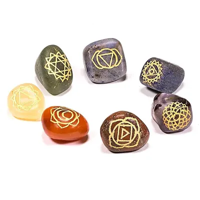 Image de Symboles des chakras pierres roulées gravées lot de 7 - 1,5-2,5 cm
