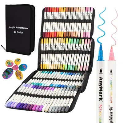 Image de Stylos marqueurs à base d'acrylique, 80 couleurs, résistants à l'eau, double embout (1-5 mm), pour utilisation sur pierre, bois, toile, céramique